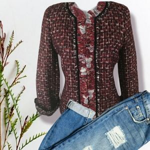 Zara size large floral Tweed blazer fall red and black fringe suit jacket